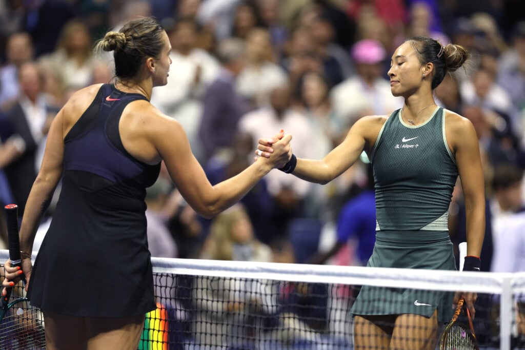 Aryna Sabalenka (L)
of Belarus shakes hands with Zheng Qinwen of China following their Women's Singles Quarterfinal match on Day Nine of the 2024 US Open at USTA Billie Jean King National Tennis Center on September 03, 2024 in the Flushing neighborhood of the Queens borough of New York City.