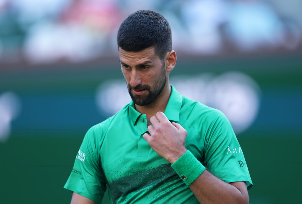 Novak Djokovic of Serbia shows his dejection against Botic van de Zandschulp of the Netherlands in their second round match during the BNP Paribas Open at Indian Wells Tennis Garden on March 08, 2025 in Indian Wells, California.