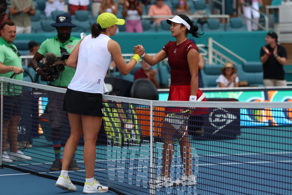 Iga Swiatek, Alexandra Eala during Miami Open 2025 tennis tournament in Miami USA on 26 March 2025.