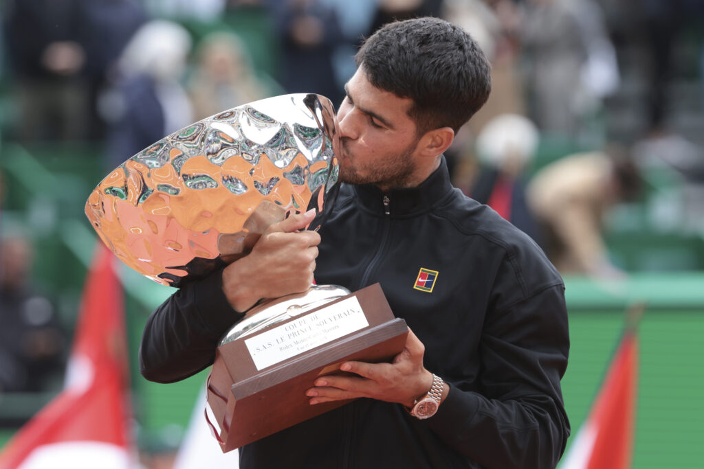 Carlos Alcaraz celebrates after winning the 2025 Monte-Carlo Masters