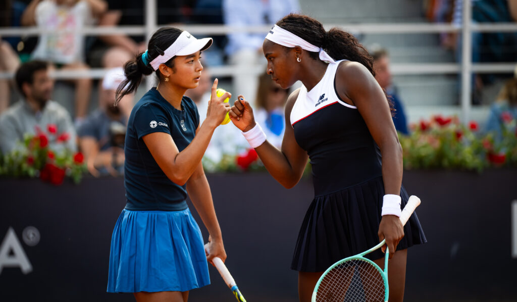 Alexandra Eala of the Philippines and Coco Gauff of the United States in action against Sara Errani of Italy and Jasmine Paolini of Italy in the doubles quarter-final on Day Ten of the Internazionali BNL D'Italia at Foro Italico on May 14, 2025 in Rome, Italy