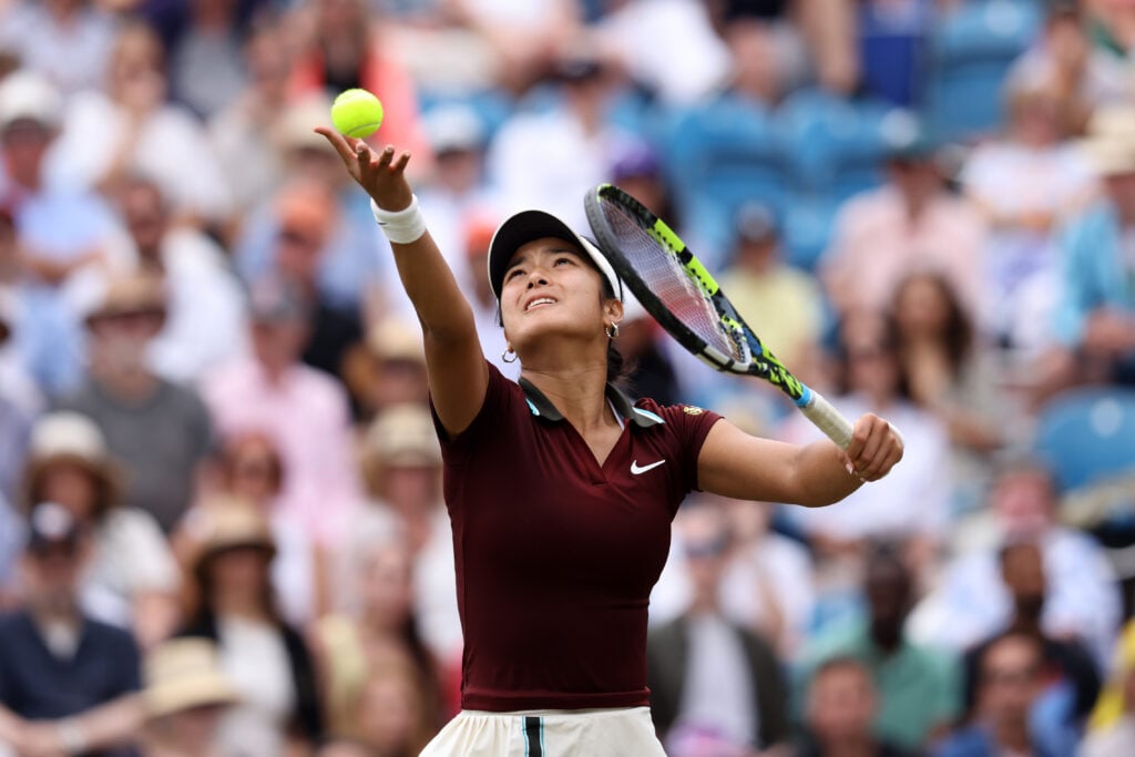 Alexandra Eala of Philippines serves against Maya Joint of Australia during the Women's Singles Final on Day Six of the Lexus Eastbourne Open at Devonshire Park on June 28, 2025 in Eastbourne, England.