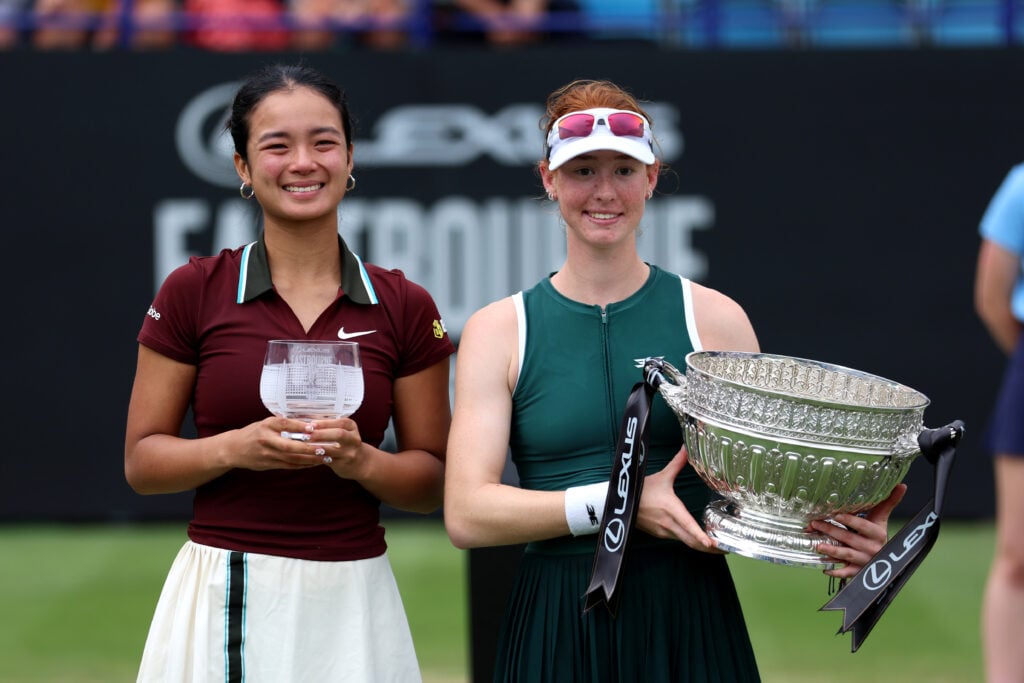 Winner, Maya Joint (R) of Australia and runner up, Alexandra Eala of Philippines pose for a photo with their trophies after the Women's Singles Final on Day Six of the Lexus Eastbourne Open at Devonshire Park on June 28, 2025 in Eastbourne, England.