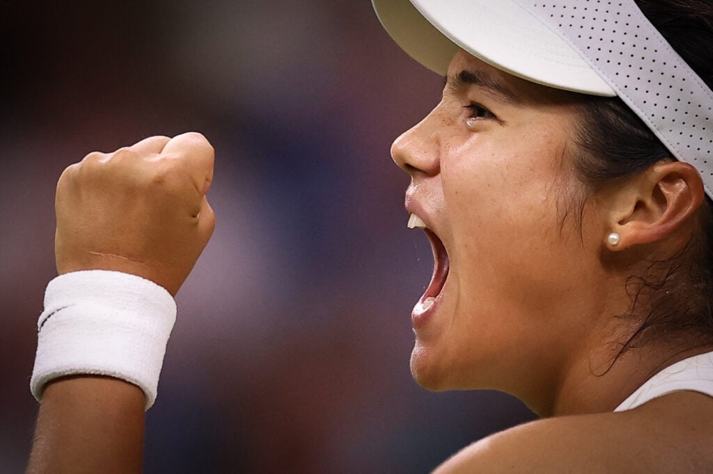 Emma Raducanu celebrates against Aryna Sabalenka at Wimbledon in 2025