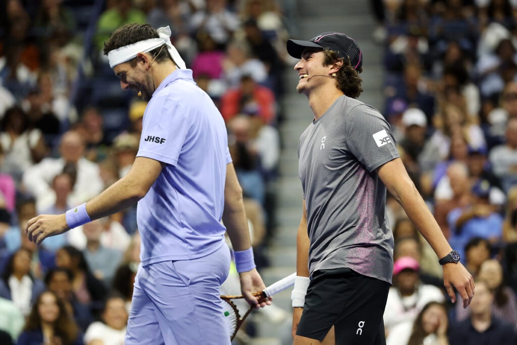 João Fonseca and Juan Martín Del Potro react during the Stars of the Open exhibition match ahead of the 2025 US Open at USTA Billie Jean King National Tennis Center on August 21, 2025 in the Queens borough of New York City.