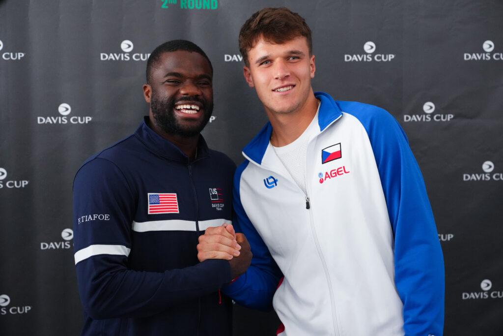 Frances Tiafoe of Team USA and Jakub Mensik of Team Czechia pose prior to the 2025 Davis Cup Qualifier second round match at Delray Beach Tennis Center on September 11, 2025 in Delray Beach, Florida.