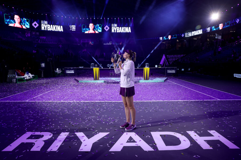 Elena Rybakina celebrates her WTA Finals win in 2025