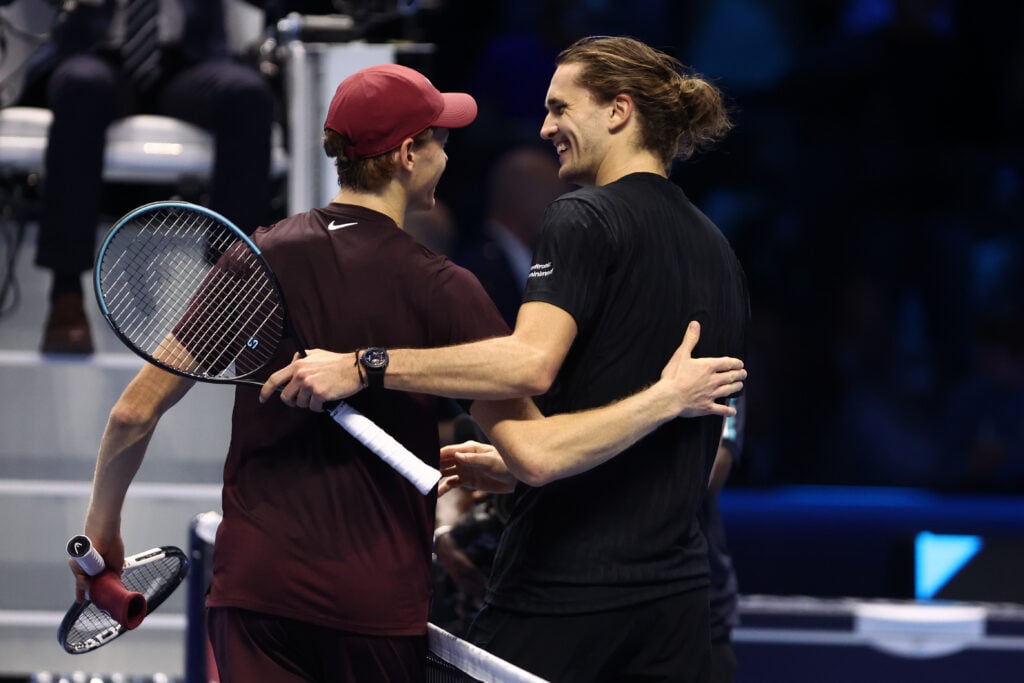 Jannik Sinner of Italy (L) embraces Alexander Zverev of Germany (R) at the end of the Round Robin singles match between Jannik Sinner vs Alexander Zverev on Day four of the Nitto ATP World Tour Finals. Jannik Sinner wins 6-4, 6-3 over Alexander Zverev.