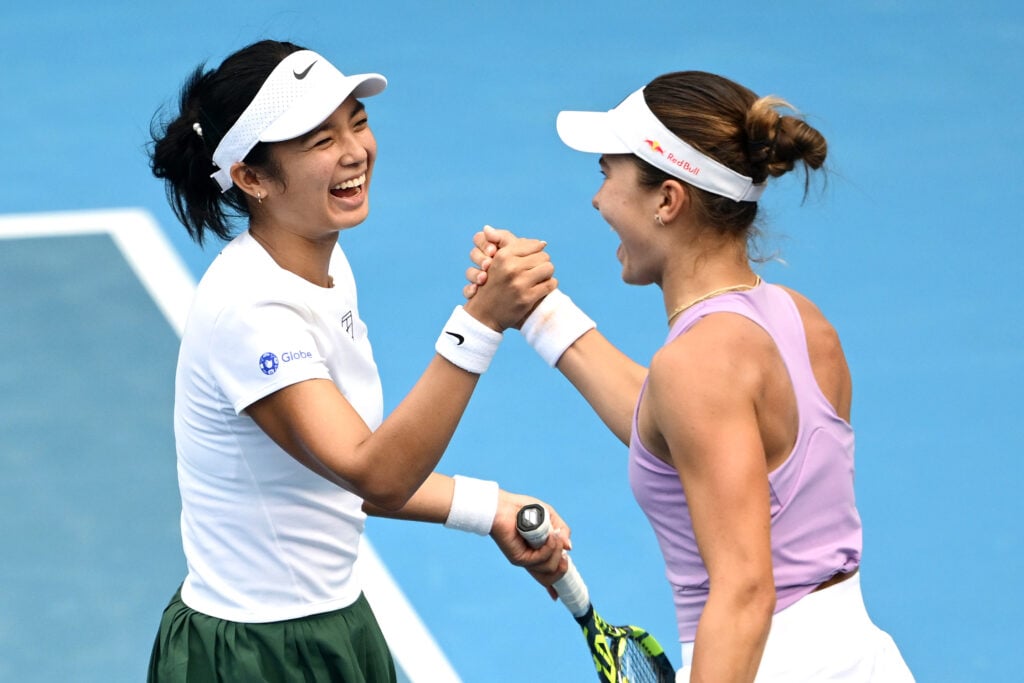 Iva Jovic of USA and Alexandra Eala of the Phillipines celebrate after winning their first round doubles match against Elina Svitolina of Ukraine and Venus Williams of USA during day one of the 2025 ASB Classic at ASB Tennis Centre on January 05, 2026 in Auckland, New Zealand.