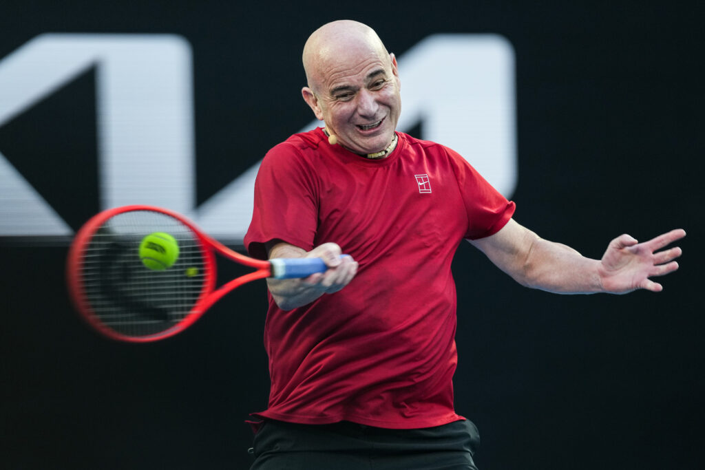 Andre Agassi of the United States returns a shot during the Opening Ceremony exhibition match ahead of the 2026 Australian Open at Melbourne Park on January 17, 2026 in Melbourne, Australia.