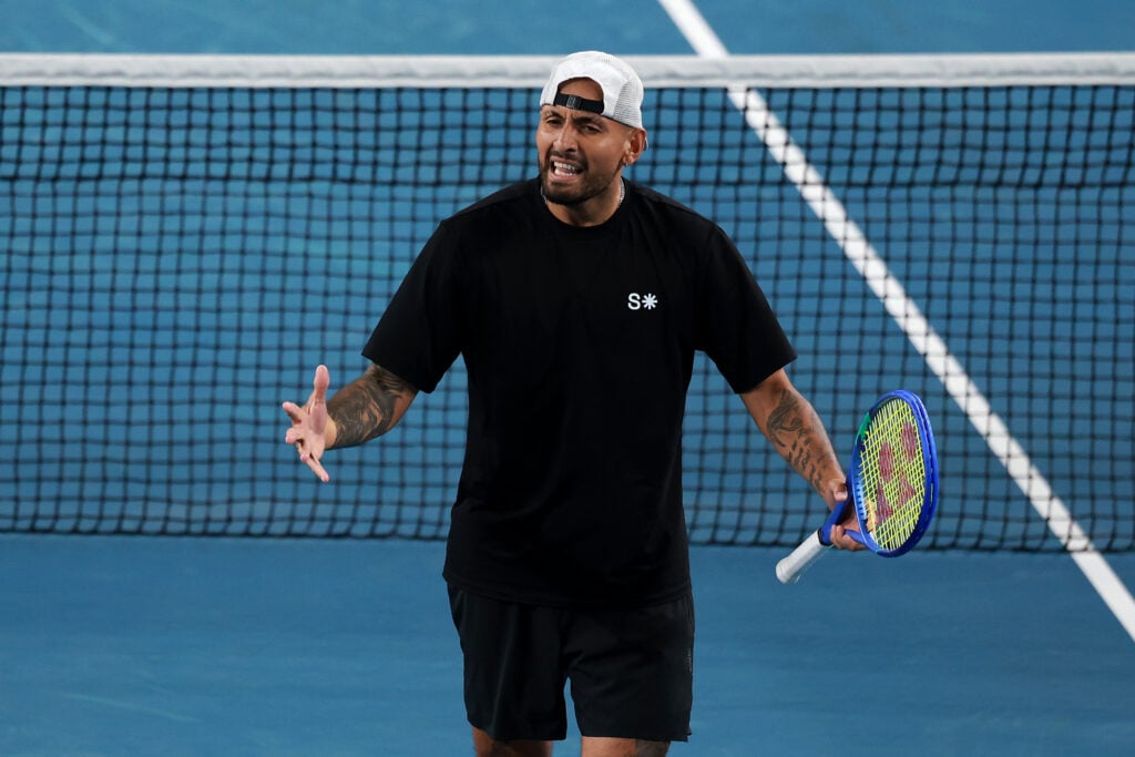Nick Kyrgios of Australia reacts with Thanasi Kokkinakis of Australia (not pictured) during their Men's First Round Doubles match against Jason Kubler and Marc Polmans of Australia during day five of the 2026 Australian Open at Melbourne Park on January 22, 2026 in Melbourne, Australia.