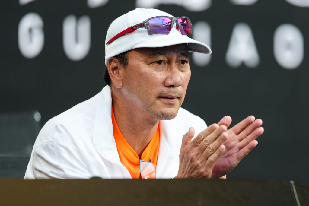 Learner Tien's coach Michael Chang of the United States looks on during the Men's Singles Fourth Round match between Learner Tien and Daniil Medvedev during day eight of the 2026 Australian Open at Melbourne Park on January 25, 2026 in Melbourne, Australia.