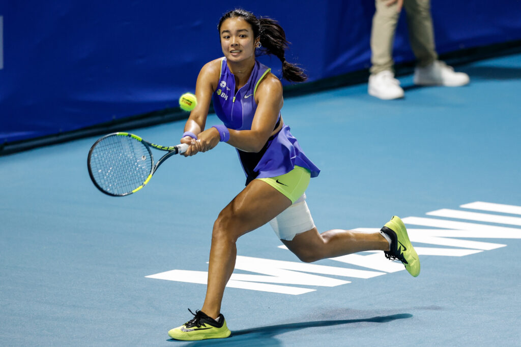 Alexandra Eala of the Philippines plays a backhand in the Women's Singles Quarterfinal match against Camila Osorio of Columbia during day four of the Philippine Women's Open at the Rizal Memorial Tennis Center on January 29, 2026 in Manila, Philippines.