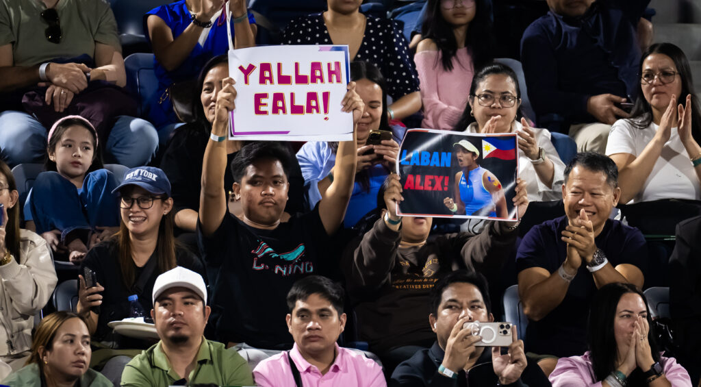 Fans cheer on Alexandra Eala of the Philippines during the second round on Day Three of the Dubai Duty Free Tennis Championships, part of the Hologic WTA Tour at Dubai Duty Free Tennis Stadium on February 17, 2026 in Dubai, United Arab Emirates