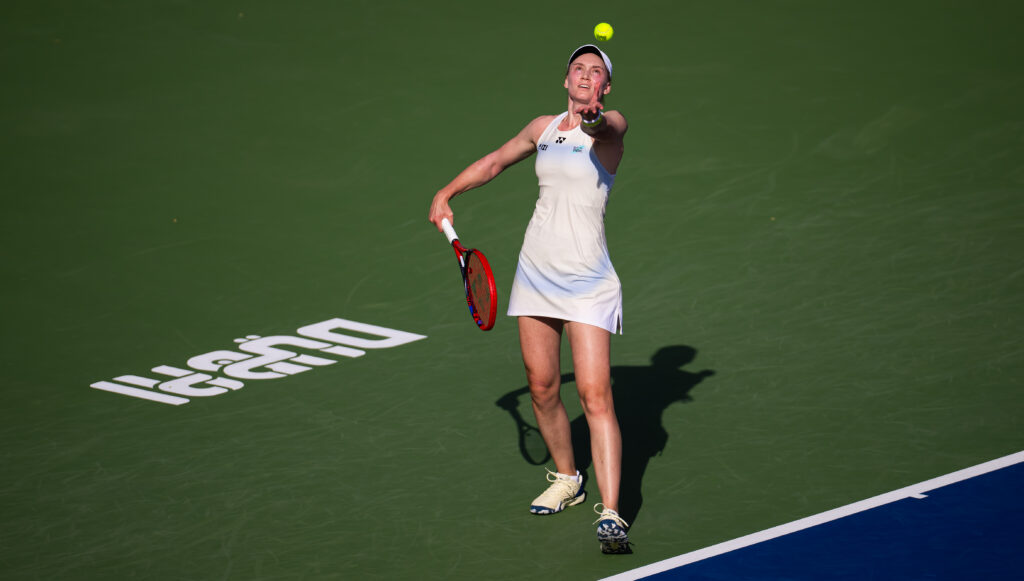 Elena Rybakina of Kazakhstan on serve against Antonia Ruzic of Croatia in the third round on Day Four of the Dubai Duty Free Tennis Championships, part of the Hologic WTA Tour at Dubai Duty Free Tennis Stadium on February 18, 2026 in Dubai, United Arab Emirates.