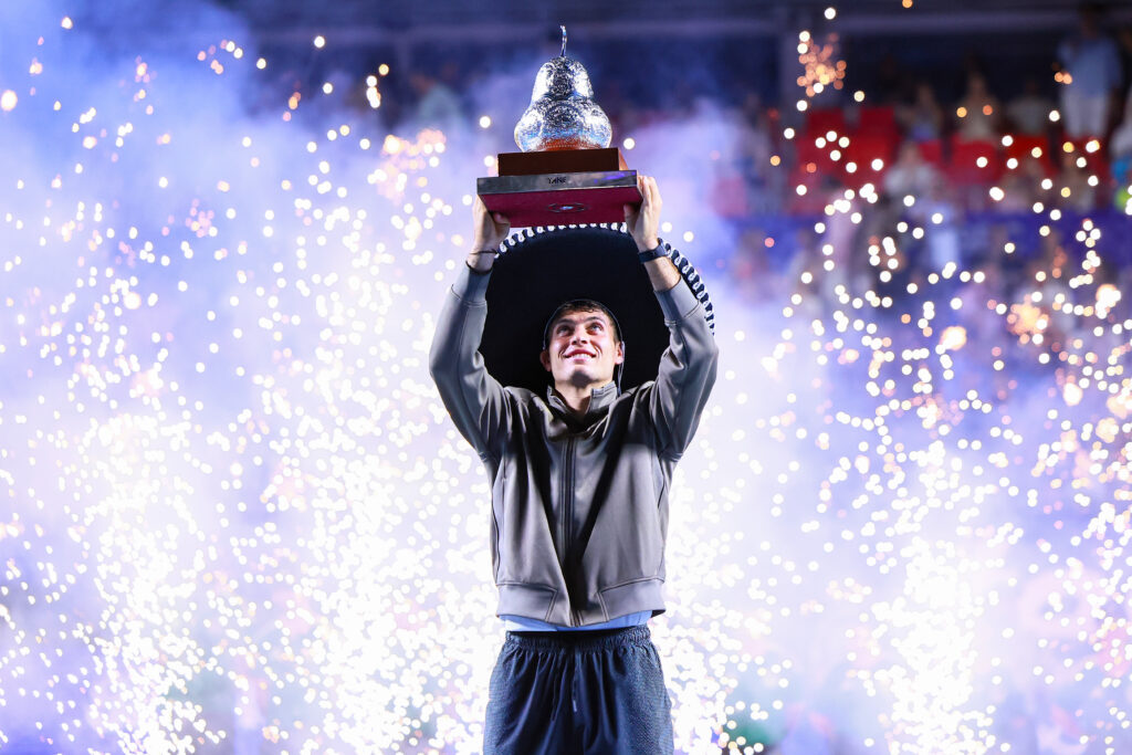 Flavio Cobolli of Italy poses with the champion trophy after winning against Frances Tiafoe of USA in the Men's Singles Final of the Telcel ATP 500 Mexican Open 2026 at Arena GNP Seguros on February 28, 2026 in Acapulco, Mexico.