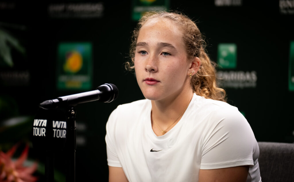 Mirra Andreeva pictured during a press conference at Indian Wells in 2026