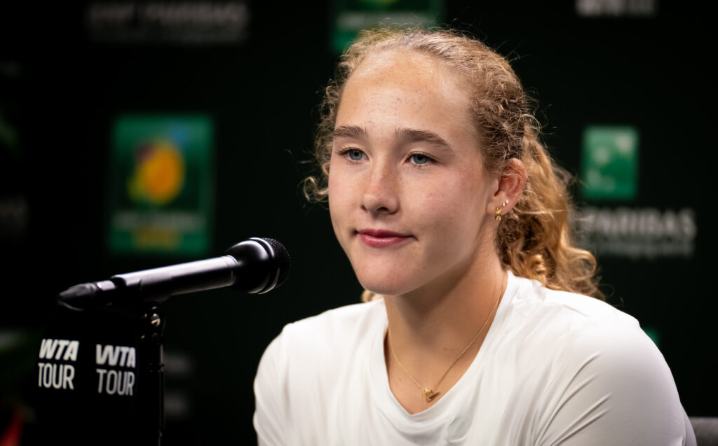 Mirra Andreeva of Russia talks to the media on Day 1 of the BNP Paribas Open at Indian Wells Tennis Garden on March 04, 2026 in Indian Wells, California.