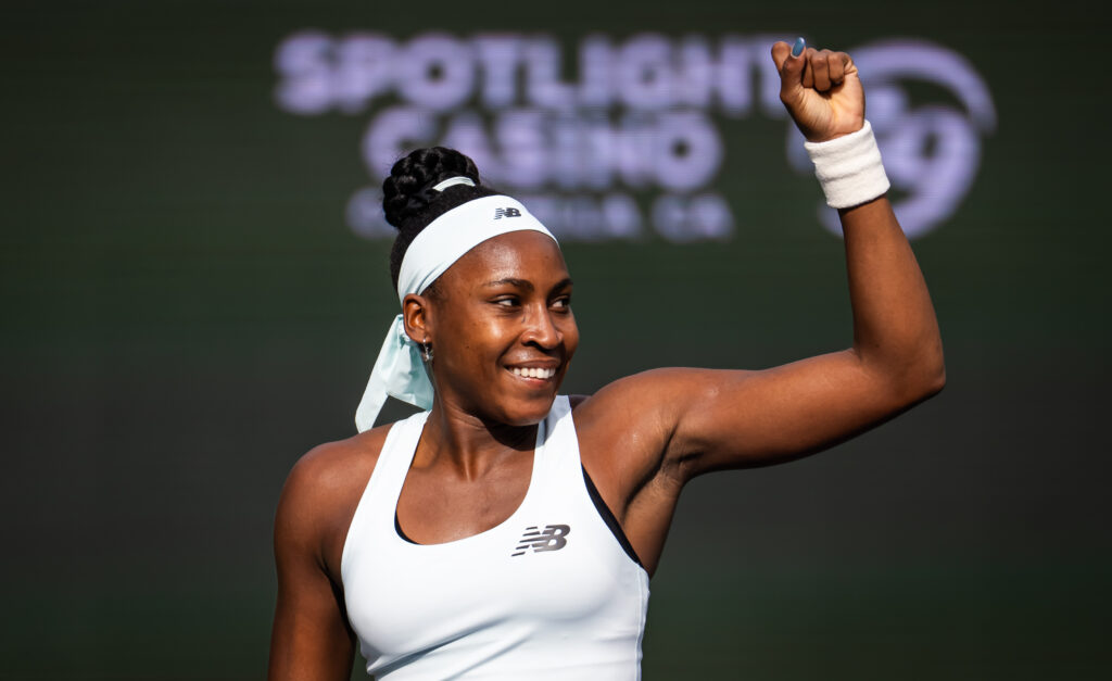 Coco Gauff of the United States reacts while playing against Kamilla Rakhimova of Uzbekistan in the second round on Day 3 of the BNP Paribas Open at Indian Wells Tennis Garden on March 06, 2026 in Indian Wells, California