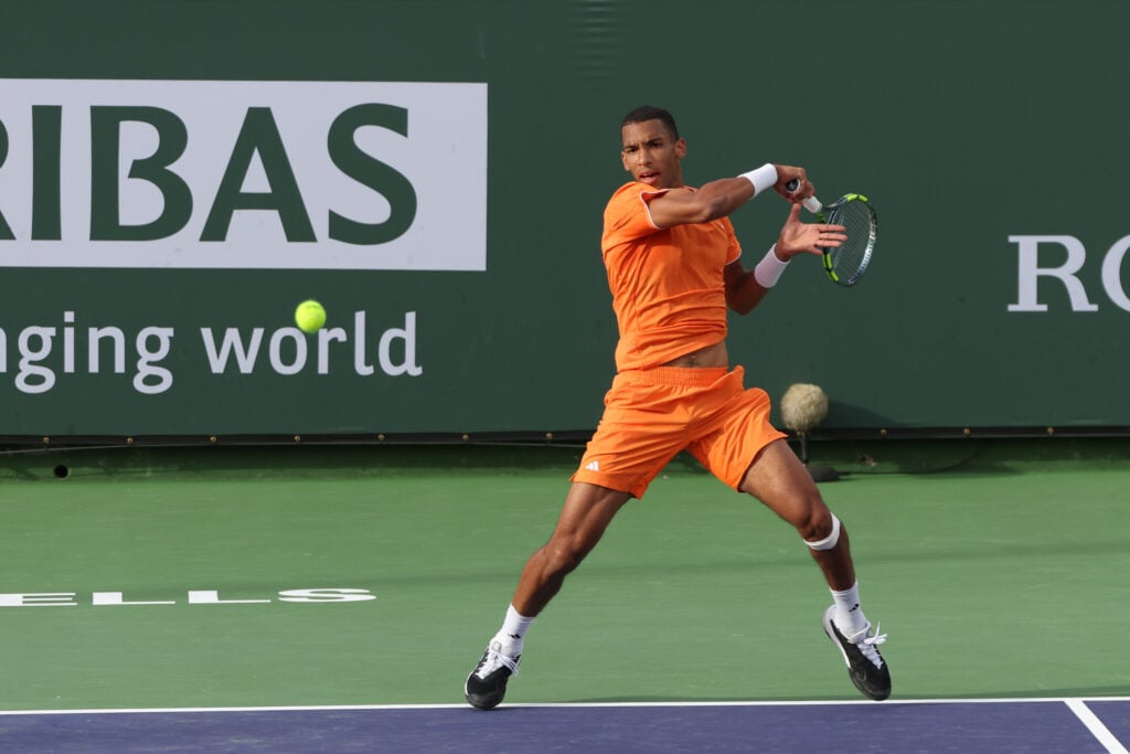 Felix Auger-Aliassime (CAN) hits a forehand during the BNP Paribas Open on March 6, 2026 at Indian Wells Tennis Garden in Indian Wells, CA.