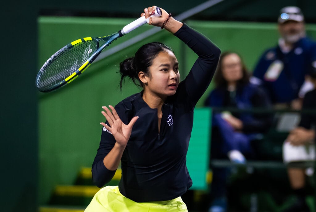 Alexandra Eala of the Philippines in action against Dayana Yastremska of Ukraine in the second round on Day 3 of the BNP Paribas Open at Indian Wells Tennis Garden on March 06, 2026 in Indian Wells, California