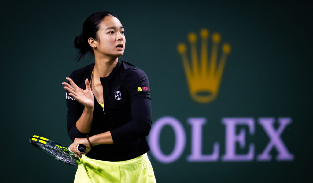 Alexandra Eala of the Philippines in action against Dayana Yastremska of Ukraine in the second round on Day 3 of the BNP Paribas Open at Indian Wells Tennis Garden on March 06, 2026 in Indian Wells, California