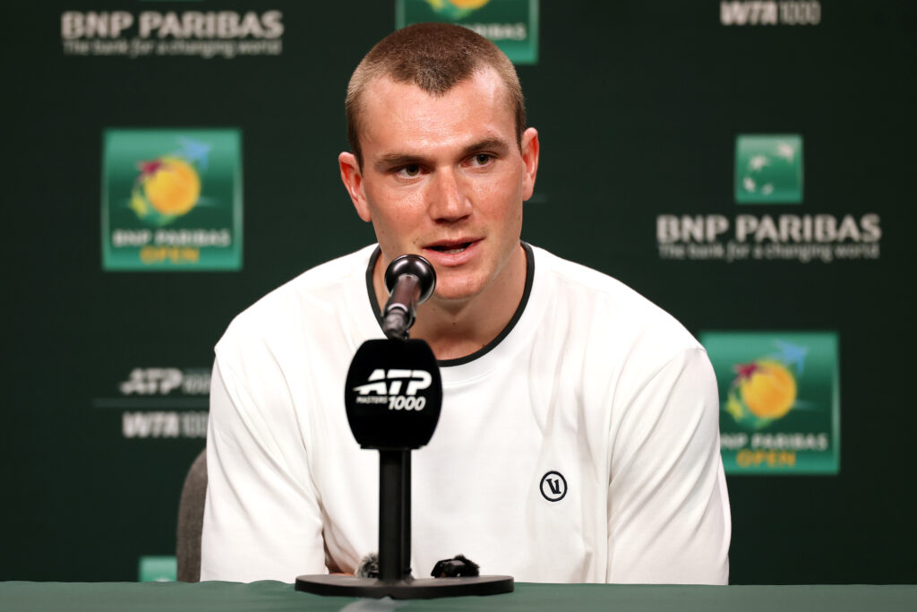 Jack Draper of Great Britain fields questions on media day during the BNP Paribas Open at the Indian Wells Tennis Garden on March 03, 2026 in Indian Wells, California.