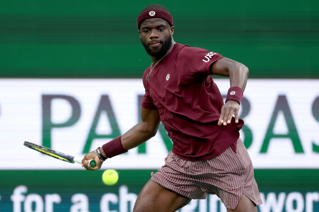 Francis Tiafoe of the United States returns a shot to Jenson Brooksby of the United States during Day 3 of the BNP Paribas Open at the Indian Wells Tennis Garden on March 06, 2026 in Indian Wells, California.