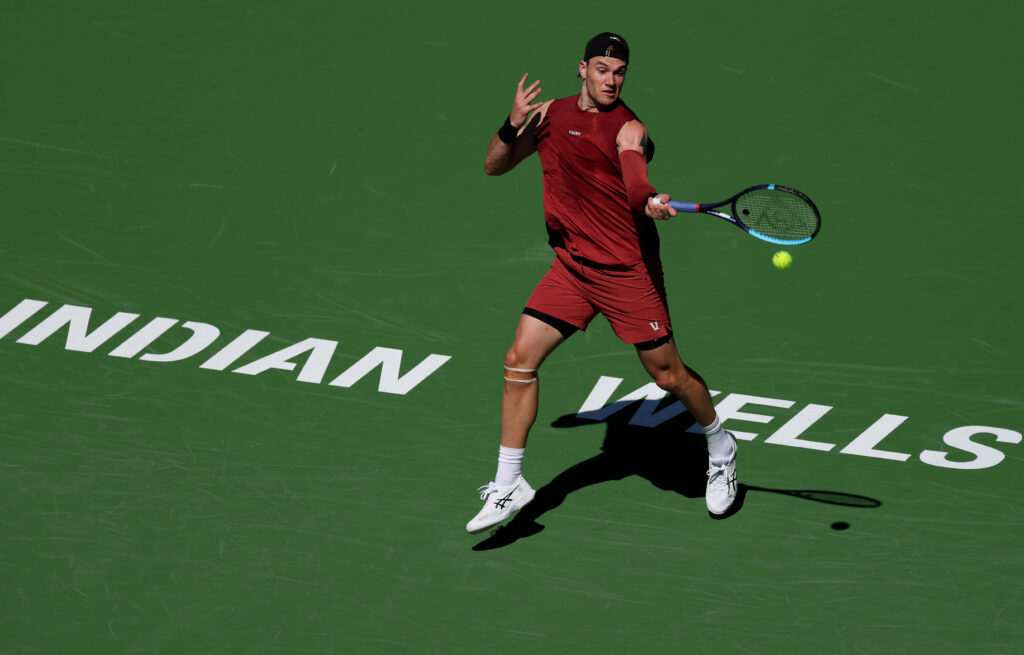 Jack Draper of Great Britain plays a forehand against Roberto Bautista Agut of Spain in their second round match of the BNP Paribas Open at Indian Wells Tennis Garden on March 07, 2026 in Indian Wells, California.