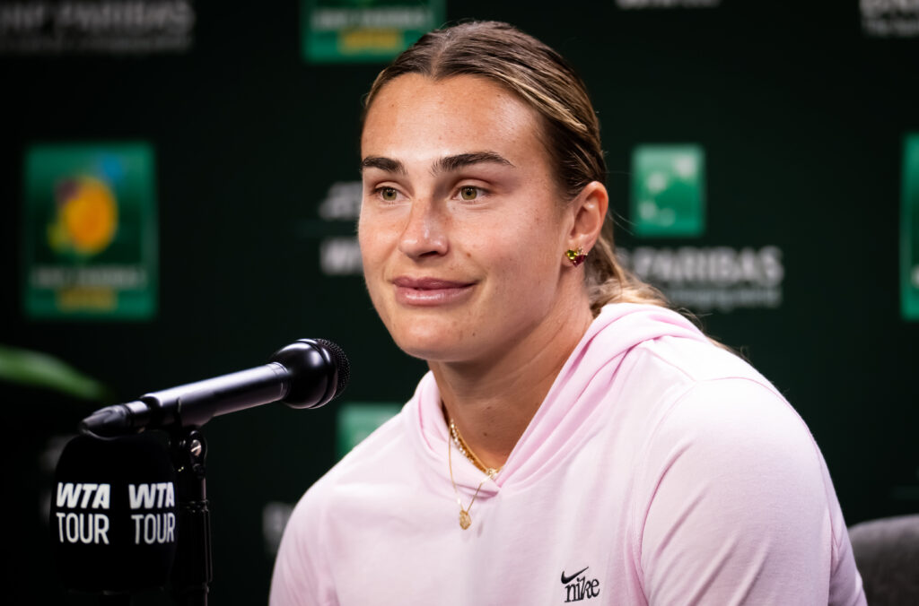 Aryna Sabalenka pictured during a press conference at Indian Wells in 2026