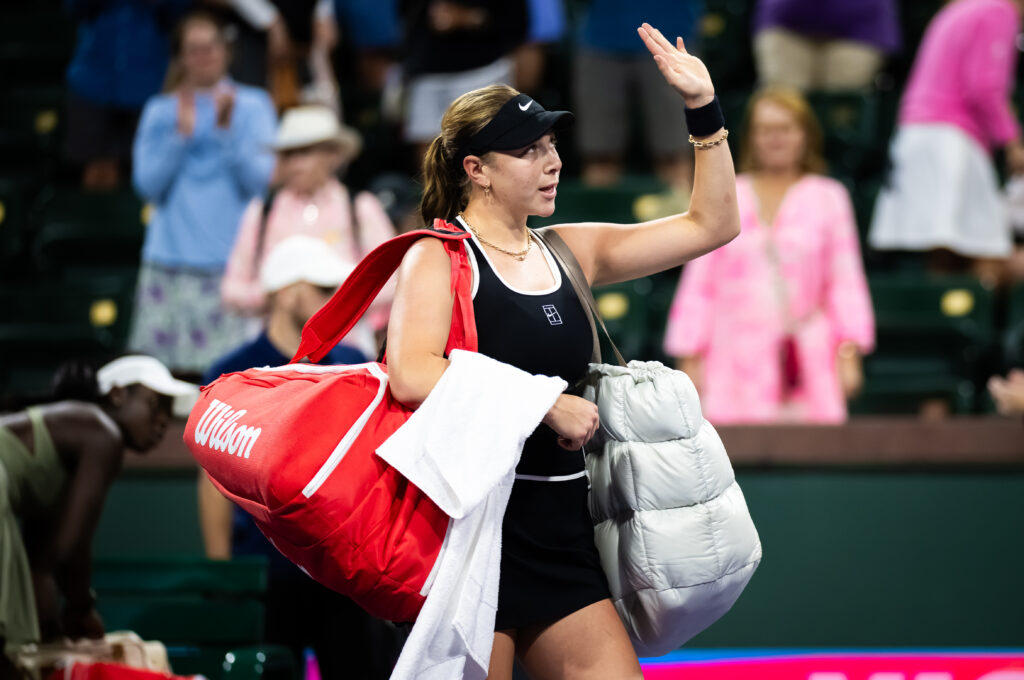 Amanda Anisimova of the United States walks off the court after losing to Victoria Mboko of Canada in the fourth round on Day 7 of the BNP Paribas Open at Indian Wells Tennis Garden on March 10, 2026 in Indian Wells, California