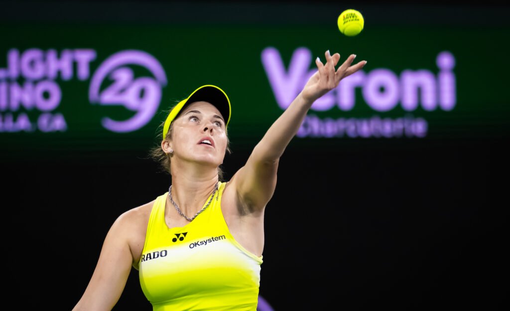 Linda Noskova of the Czech Republic in action against Alexandra Eala of the Philippines in the fourth round on Day 7 of the BNP Paribas Open at Indian Wells Tennis Garden on March 10, 2026 in Indian Wells, California