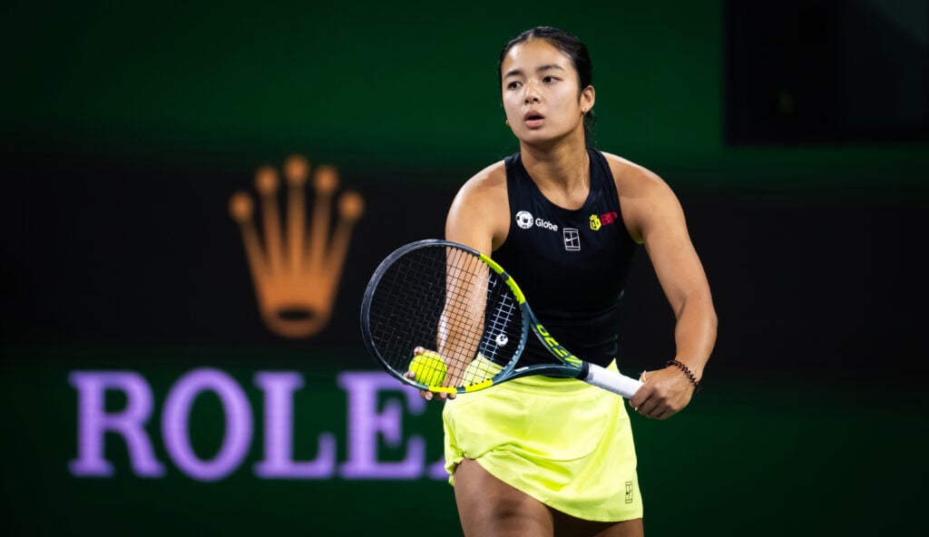 Alexandra Eala of the Philippines in action against Linda Noskova of the Czech Republic in the fourth round on Day 7 of the BNP Paribas Open at Indian Wells Tennis Garden on March 10, 2026 in Indian Wells, California