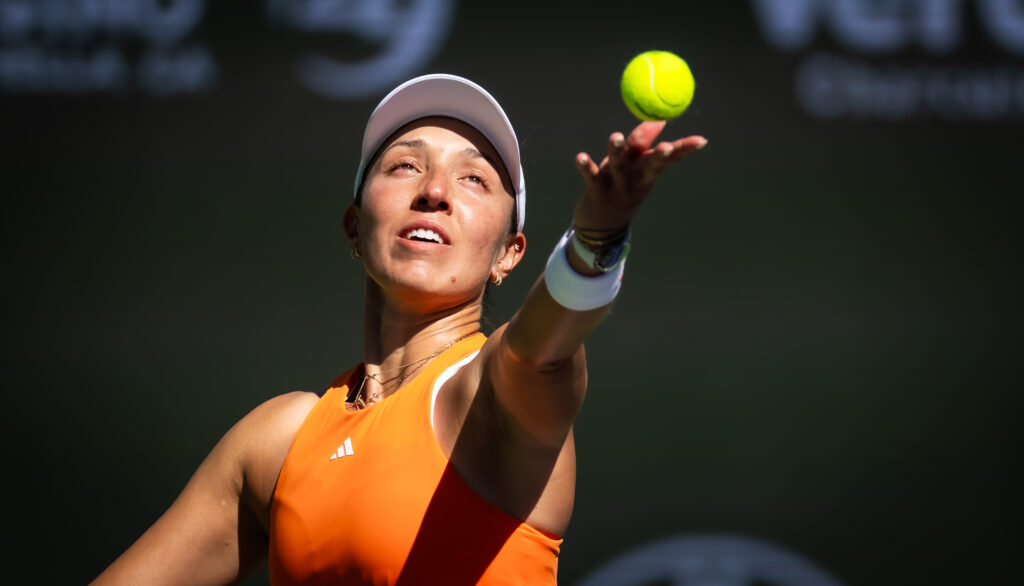 Jessica Pegula of the United States in action against Belinda Bencic of Switzerland in the fourth round on Day 8 of the BNP Paribas Open at Indian Wells Tennis Garden on March 11, 2026 in Indian Wells, California