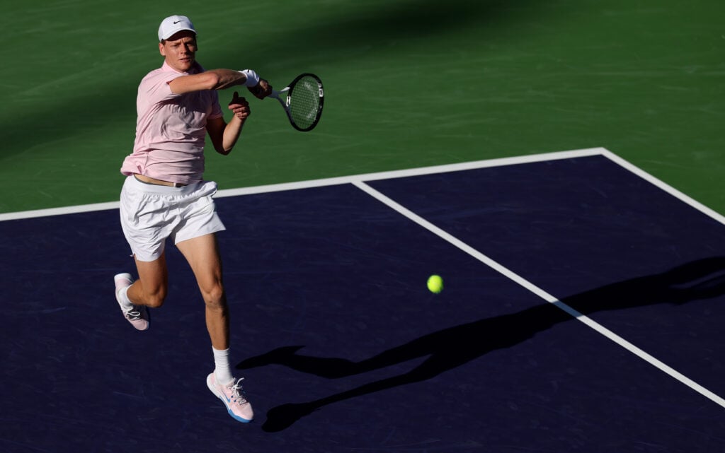 Jannik Sinner of Italy plays a forehand against Denis Shapovalov of Canada in their third round match of the BNP Paribas Open at Indian Wells Tennis Garden on March 08, 2026 in Indian Wells, California.