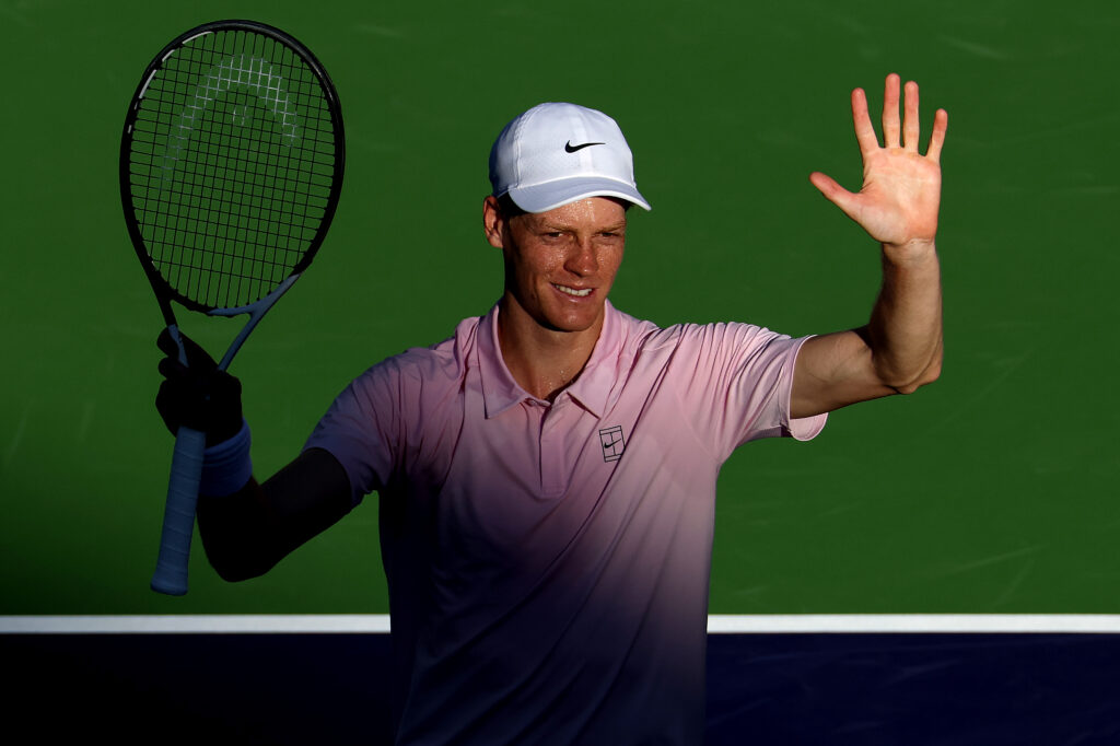 Jannik Sinner of Italy celebrates his win against Denis Shapovalov of Canada during Day 5 of the BNP Paribas Open at the Indian Wells Tennis Garden on March 08, 2026 in Indian Wells, California.