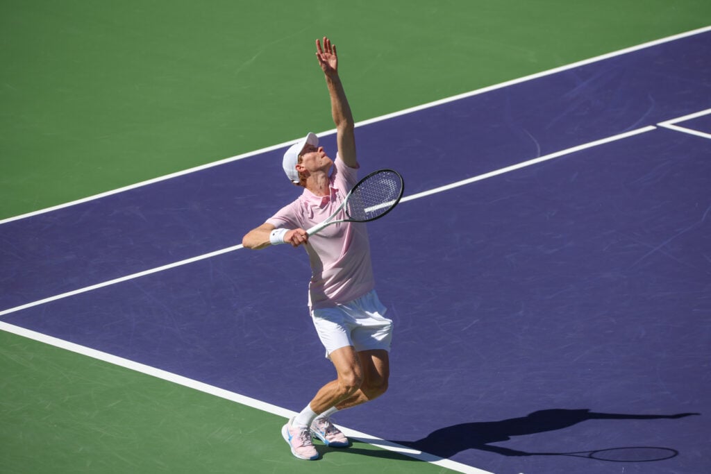 Jannik Sinner (ITA) serves during the BNP Paribas Open on March 12, 2026 at Indian Wells Tennis Garden in Indian Wells, CA.