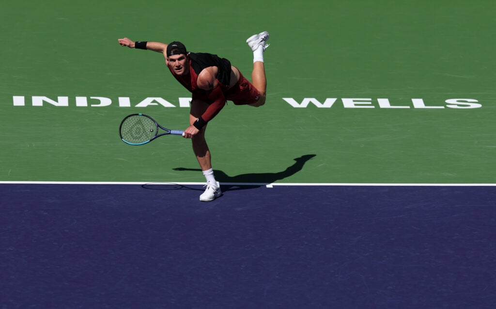 Jack Draper of Great Britain serves against Francisco Cerundolo of Argentina in their third round match of the BNP Paribas Open at Indian Wells Tennis Garden on March 09, 2026 in Indian Wells, California.