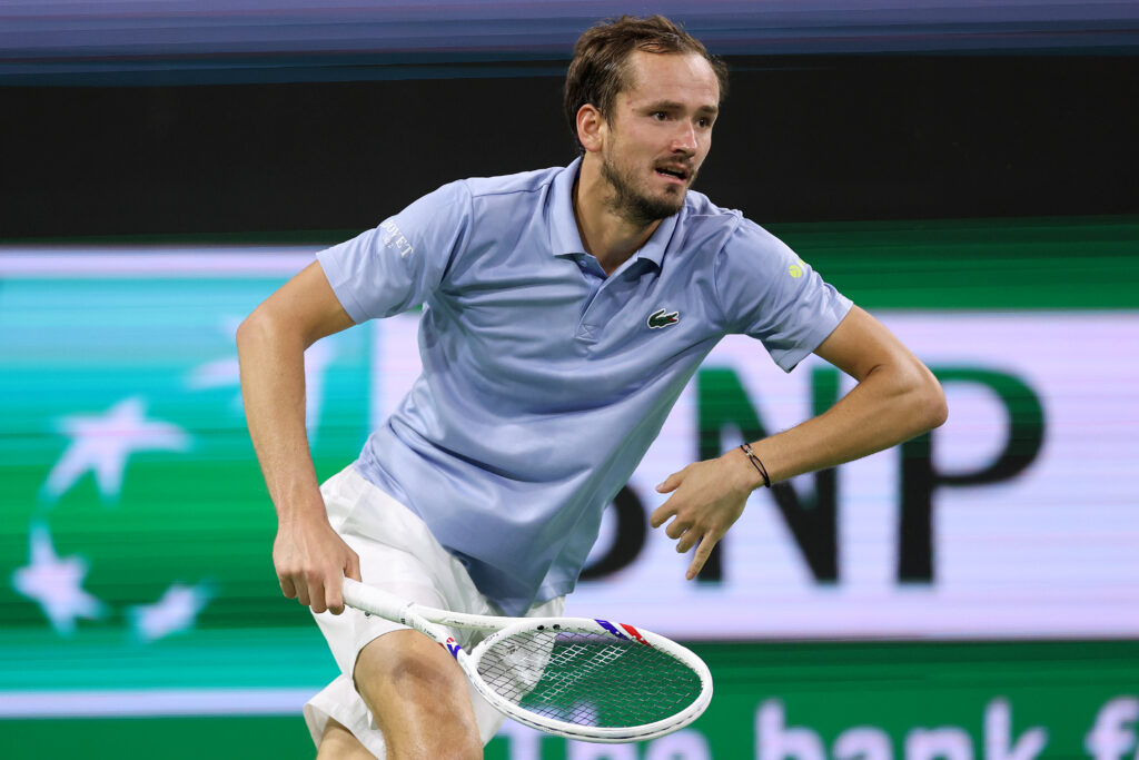 Daniil Medvedev chases a ball at Indian Wells in 2026