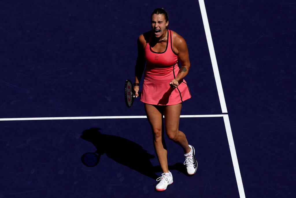 Aryna Sabalenka celebrates while playing Naomi Osaka of Japan during Day 7 of the BNP Paribas Open at the Indian Wells Tennis Garden on March 10, 2026 in Indian Wells, California.