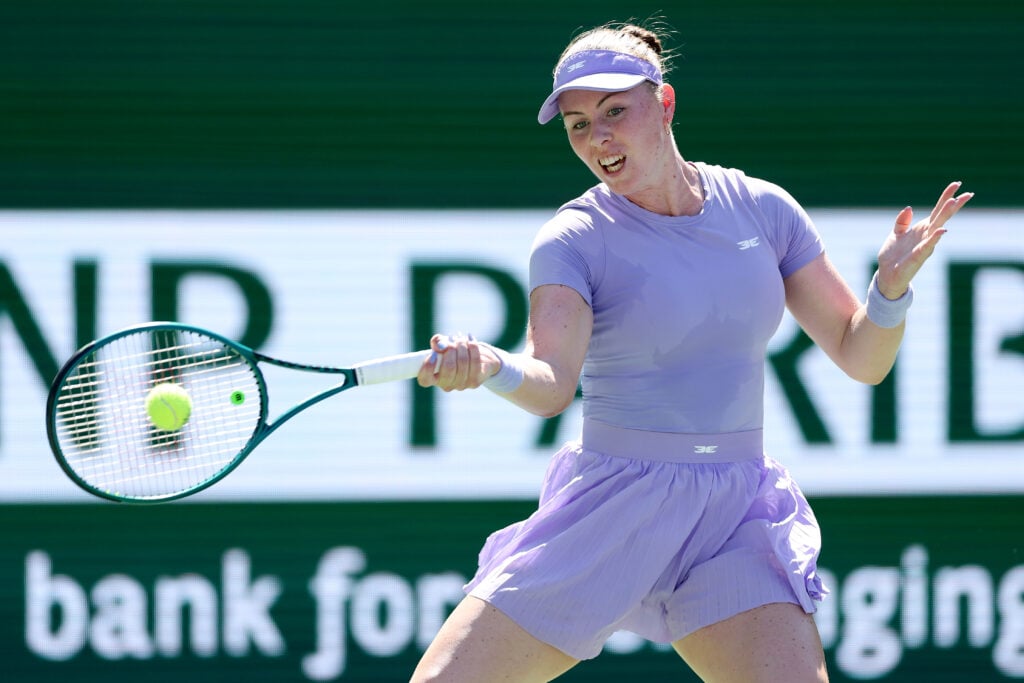 Talia Gibson of Australia returns a shot to Jasmine Paolini of Italy during Day 7 of the BNP Paribas Open at the Indian Wells Tennis Garden on March 10, 2026 in Indian Wells, California.