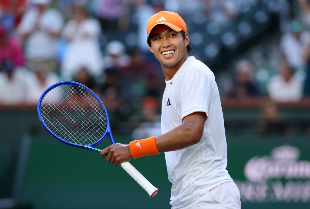 Learner Tien of the United States celebrates match point against Alejandro Davidovich Fokina of Spain in their fourth round match of the BNP Paribas Open at Indian Wells Tennis Garden on March 10, 2026 in Indian Wells, California.