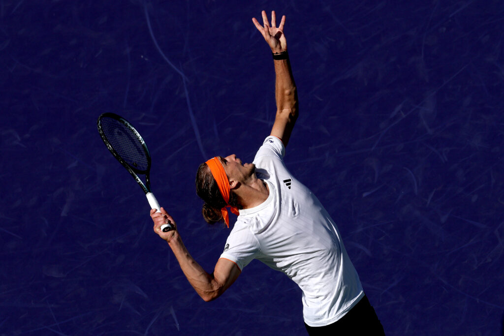 Alexander Zverev serves at Indian Wells in 2026