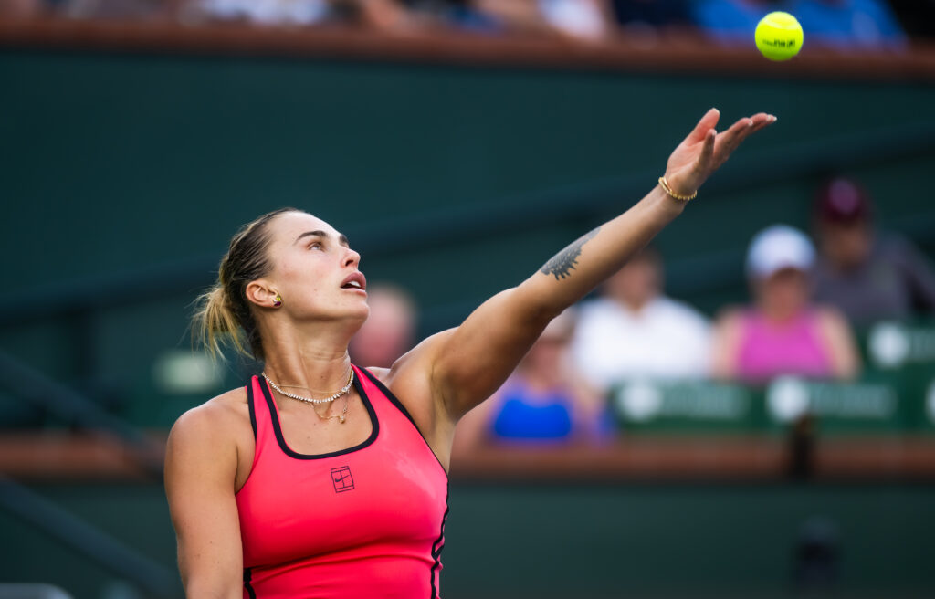 Aryna Sabalenka in action against Linda Noskova of the Czech Republic in the semi-final on Day 10 of the BNP Paribas Open at Indian Wells Tennis Garden on March 13, 2026 in Indian Wells, California