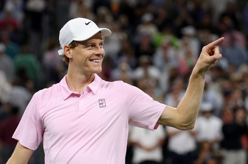 Jannik Sinner of Italy celebrates to his team box after his straight sets victory against Joao Fonseca of Brazil in their fourth round match of the BNP Paribas Open at Indian Wells Tennis Garden on March 10, 2026 in Indian Wells, California.