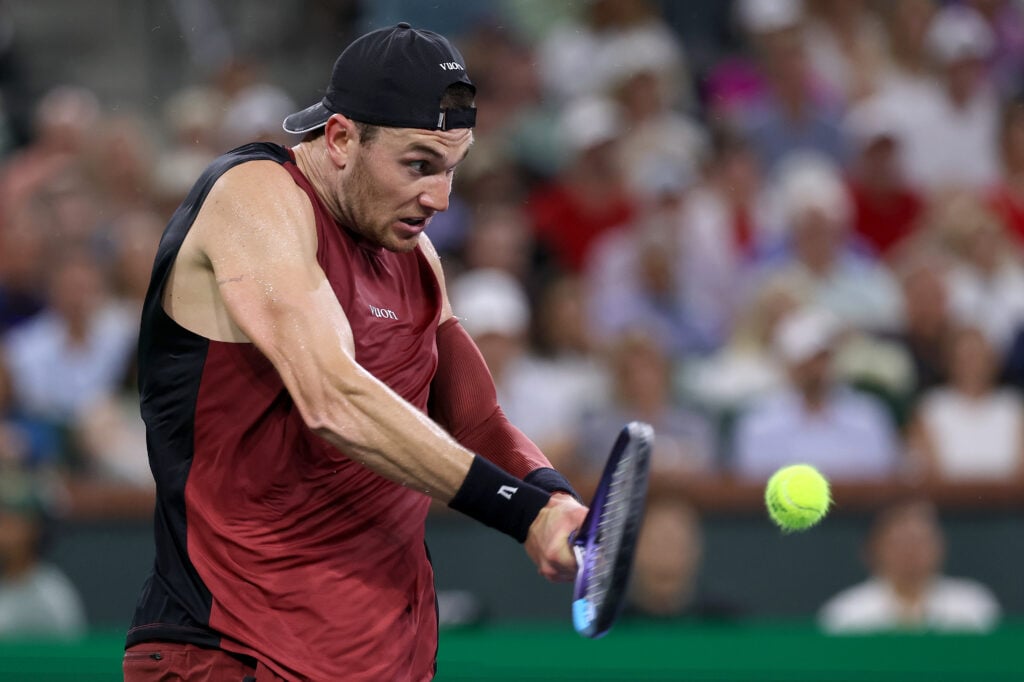 Jack Draper of Great Britain returns a shot to Novak Djokovic of Serbia during Day 8 of the BNP Paribas Open at the Indian Wells Tennis Garden on March 11, 2026 in Indian Wells, California.