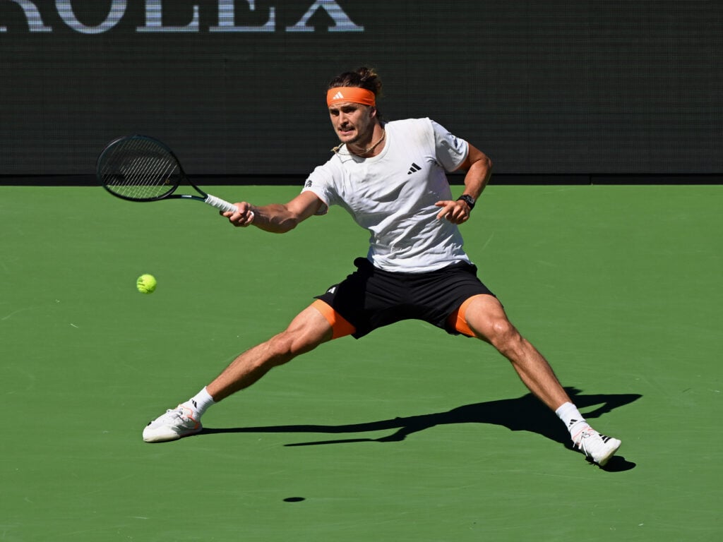 Alexander Zverev (GER) returns the ball during an ATP semifinals tennis match played during the BNP Paribas Open played on March 14, 2026 at the Indian Wells Tennis Garden in Indian Wells, CA.