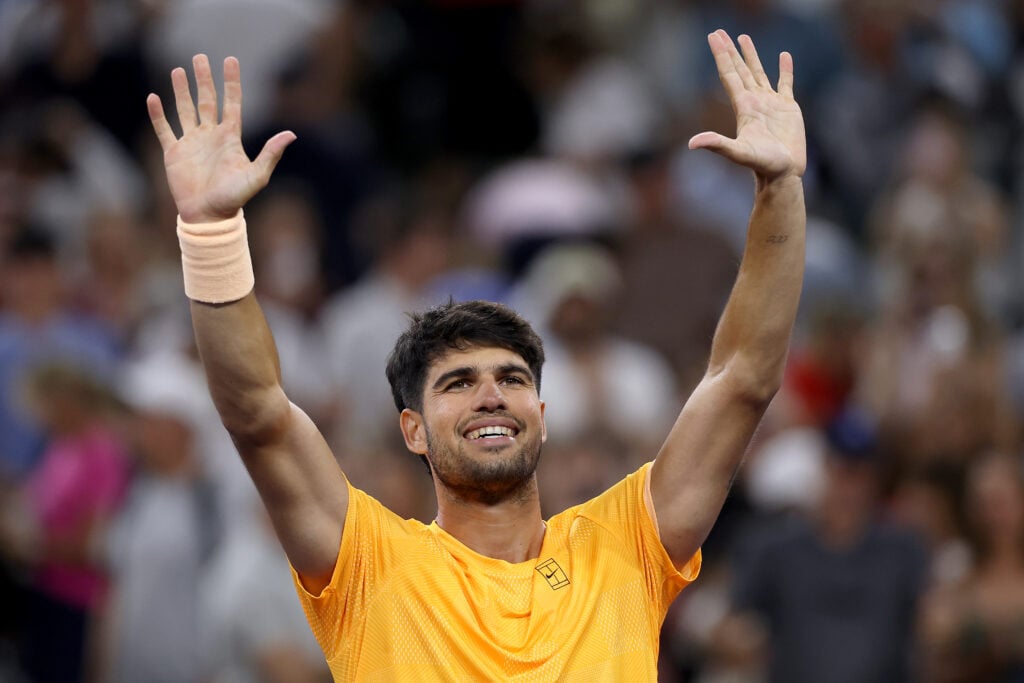 Carlos Alcaraz reacts after beating Cameron Norrie in the quarterfinals of Indian Wells