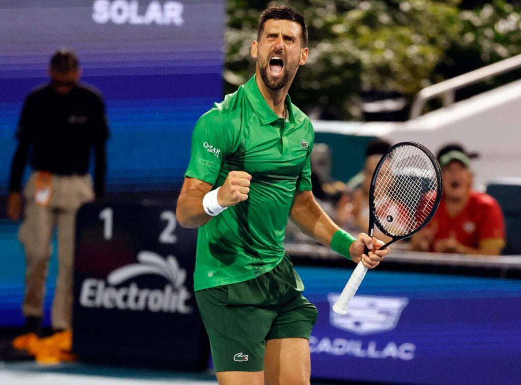 On Sunday, March 30, 2025, Novak Djokovic reacts after wining a point against Jakub Mensik during the Miami Open tennis men's final at Hard Rock Stadium in Miami Gardens, Florida.