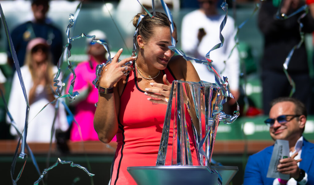 Aryna Sabalenka reacts during the trophy ceremony after defeating Elena Rybakina of Kazakhstan in the womens singles final on Day 12 of the BNP Paribas Open at Indian Wells Tennis Garden on March 15, 2026 in Indian Wells, California